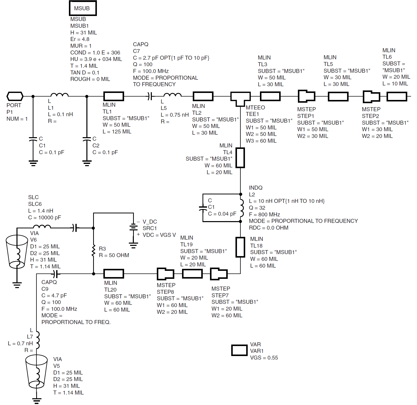 图11：ATF-33143放大器的输入端阻抗匹配网络的Agilent/EEsof ADS电路原理图