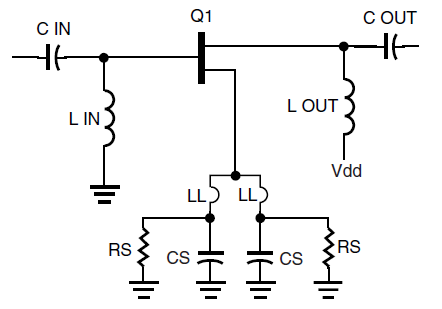 图2：带单极性电源的偏置FET。 源极电阻器用于使栅极电压相对于源极为负。（注：电流流过Rs时，Vs将会被垫高，而Vg则不存在这样的偏置，从而使得Vgs&lt;0）